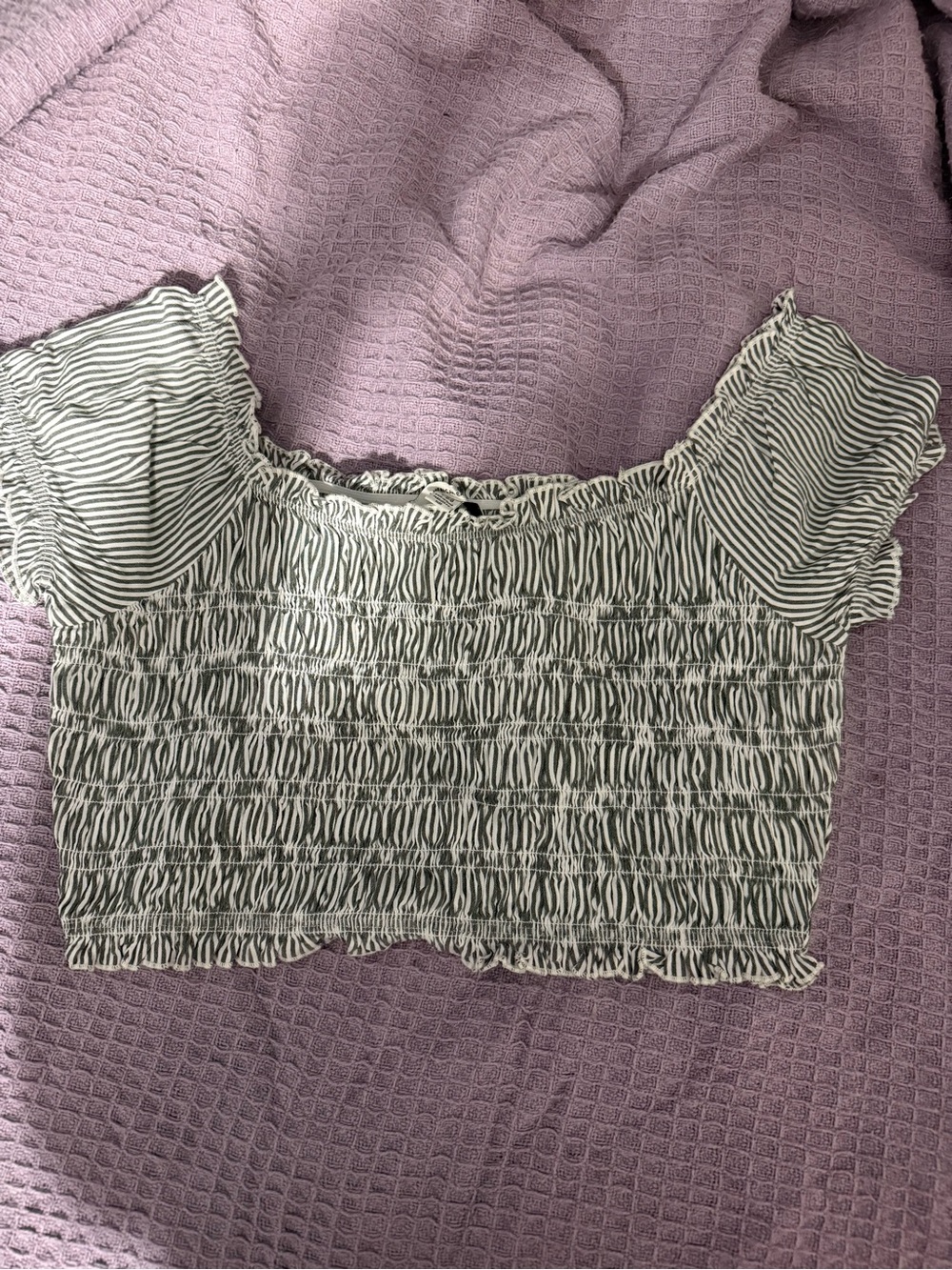 American Eagle Outfitters Black & White Striped Smocked Off-Shoulder Crop Top